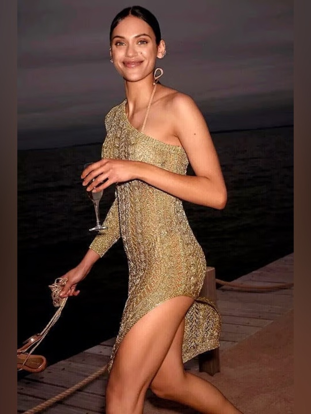 Anthropologie Maeve One-Shoulder Knit/Crochet Gold Metallic Coverup